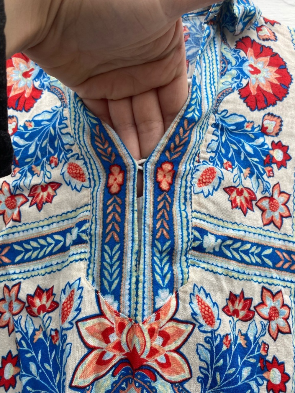 Floral Linen Tile-Print Midi Dress in Blue & Red Summer Beach Coverup🏝️ - Picture 4 of 7